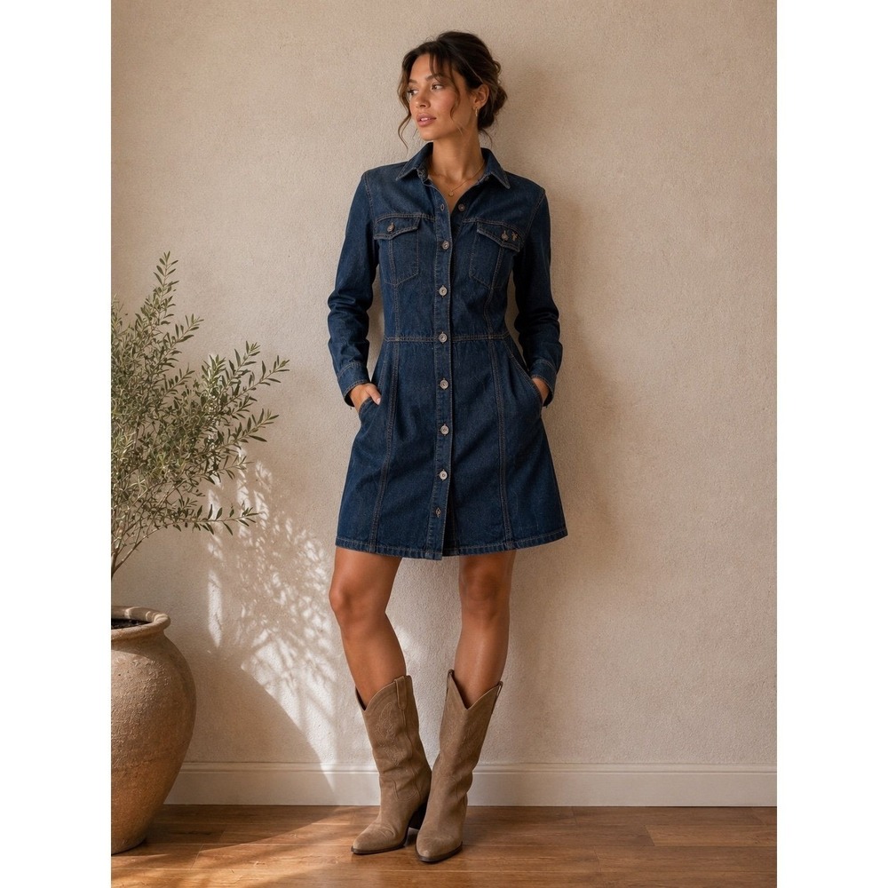 NWT Frye Denim Shirt Dress Dark Wash Button Front Long Sleeve Medium